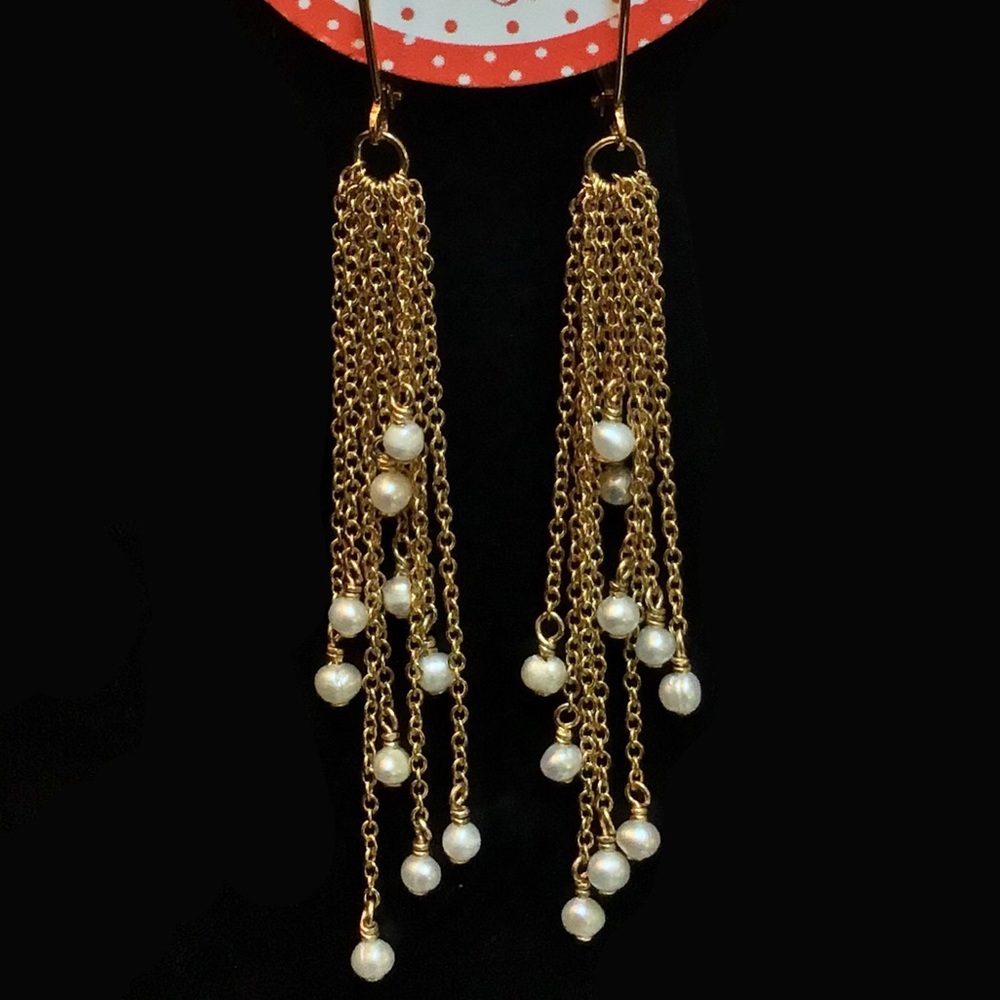 Gold Chain Pearl Tassel Earrings Handmade